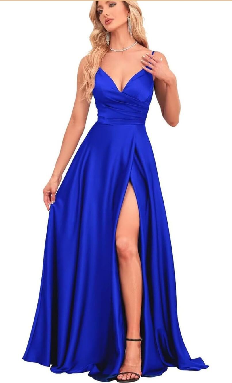 Satin Formal Royal blue long dress high slit Sz 12 Prom Party Elegant wedding